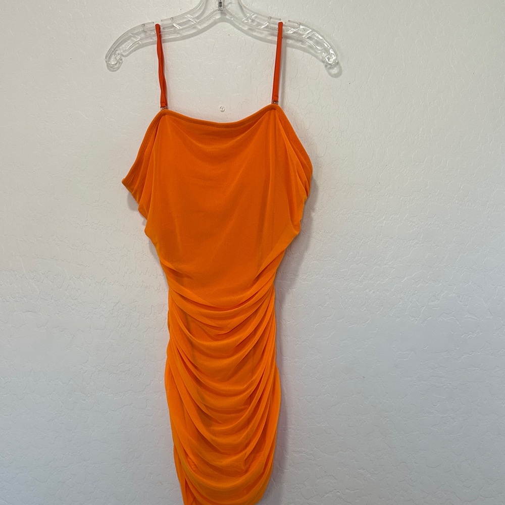 Cut Out Back Ruched Bodycon Dress Size Xl neon Orange Party built in bra y2k